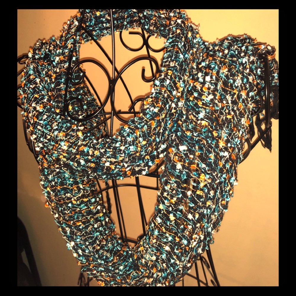 Hand-knit scarf-black, sky blue, peach, & white